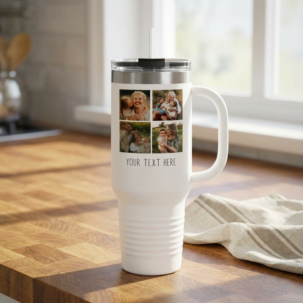 Personalized Photo Tumbler – Custom 4-Photo Collage with Text | Wedding, Mother's Day, Girls Trip, Birthday Gift | 40oz Insulated Tumbler with Handle