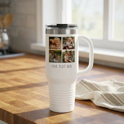 Personalized Photo Tumbler – Custom 4-Photo Collage with Text | Wedding, Mother's Day, Girls Trip, Birthday Gift | 40oz Insulated Tumbler with Handle