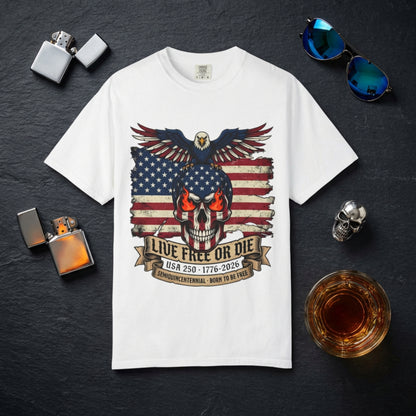 "Live Free or Die" USA 250 T-Shirt – Semiquincentennial 1776-2026 | Patriotic Eagle Skull Shirt | 4th of July Shirt for Men | America 250th Birthday Tee | Born to Be Free