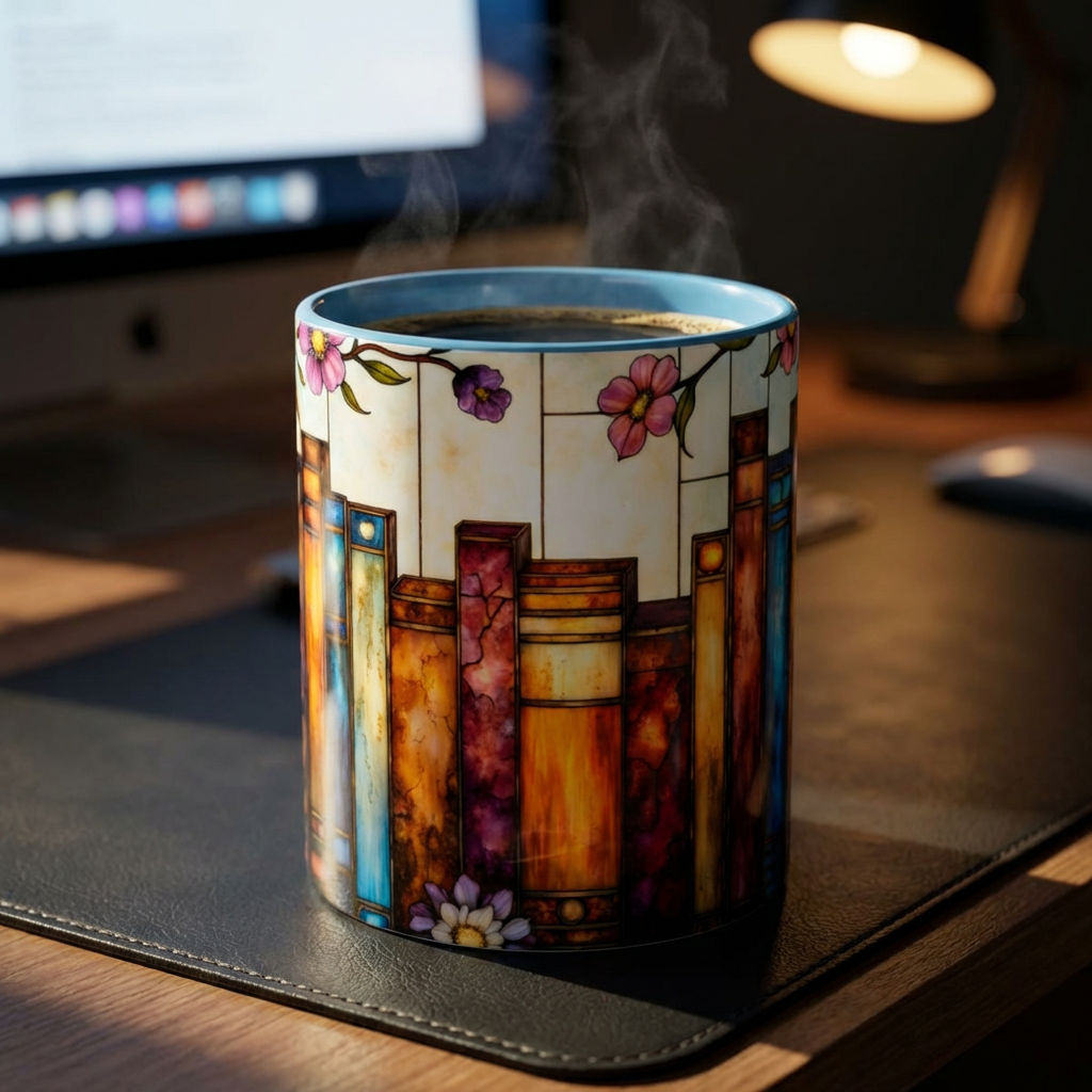 Floral Stained Glass Bookshelf Accent Coffee Mug (11/15oz)