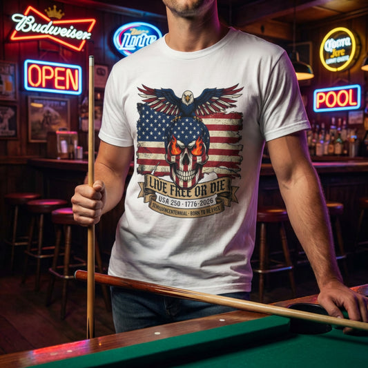 "Live Free or Die" USA 250 T-Shirt – Semiquincentennial 1776-2026 | Patriotic Eagle Skull Shirt | 4th of July Shirt for Men | America 250th Birthday Tee | Born to Be Free