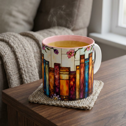 Floral Stained Glass Bookshelf Accent Coffee Mug (11/15oz)