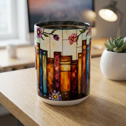 Floral Stained Glass Bookshelf Accent Coffee Mug (11/15oz)