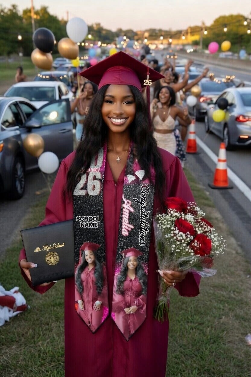 Personalized Graduation Stole Class of 2026 – Custom Name Photo Graduation Sash with School Name, Senior Gift for Her or Him