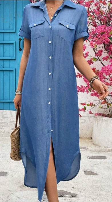 Denim-Look Longline Shirt Dress | Casual Maxi Button Down | Summer Beach Dress | Black Blue Orange | S–3XL