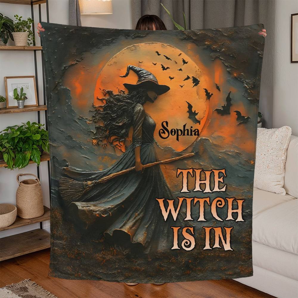 Personalized “The Witch Is In” Halloween Jersey Fleece Blanket