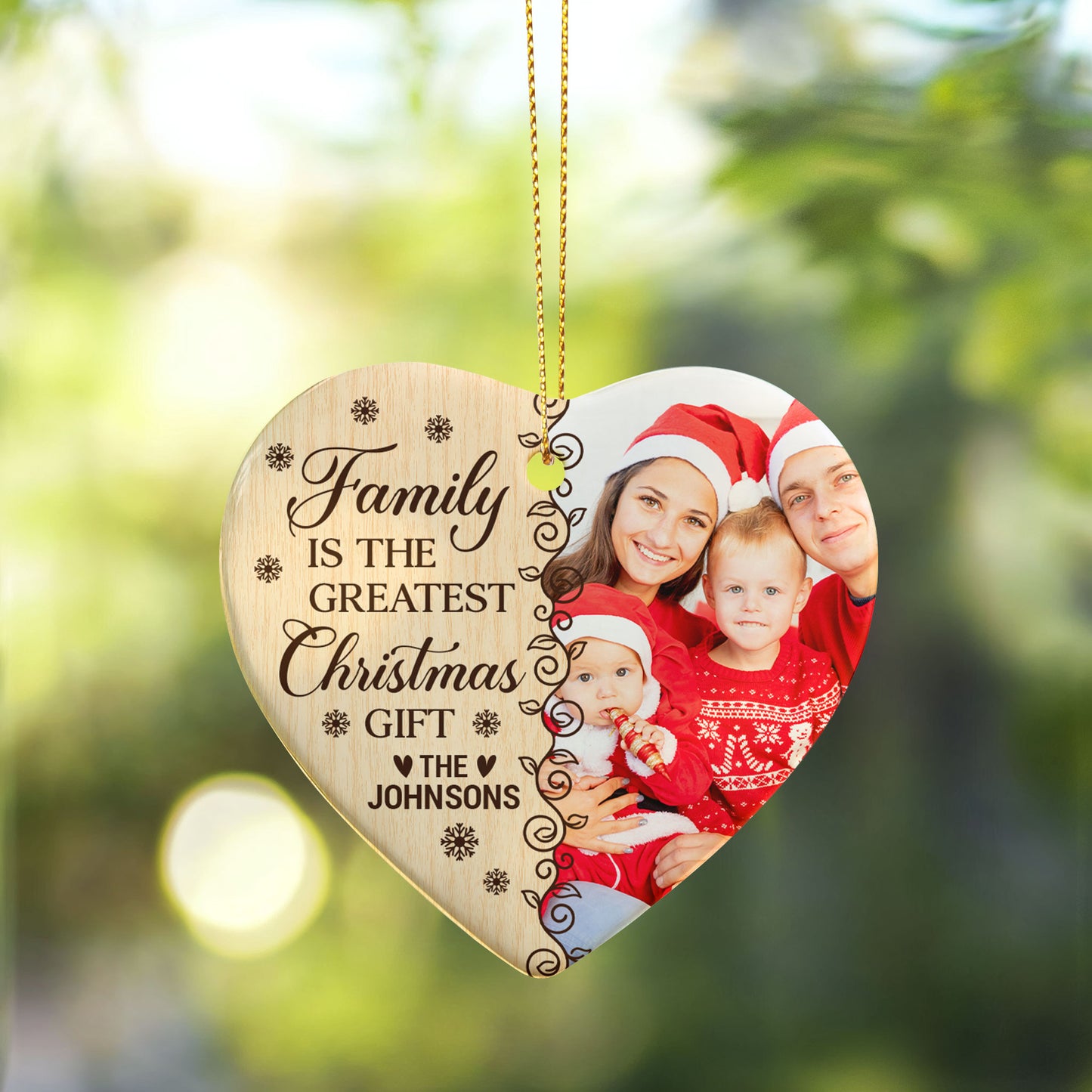 Personalized Ceramic Heart Ornament - "Family Is The Greatest Christmas Gift" - Custom Photo Ornament