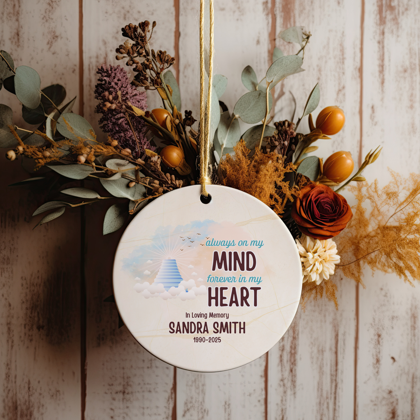 Personalized Memorial Ornament – “Always on My Mind, Forever in My Heart” – In Loving Memory Keepsake – Sympathy Gift for Loss