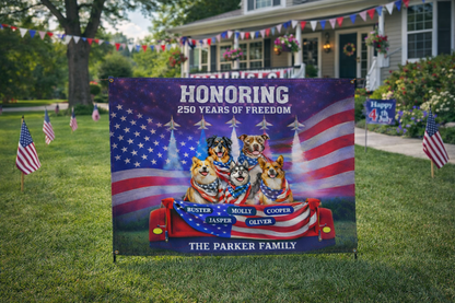 Personalized Patriotic Dog Yard Sign – "Honoring 250 Years of Freedom" | Custom Family Name & Dog Names | America 250 4th of July Yard Decor
