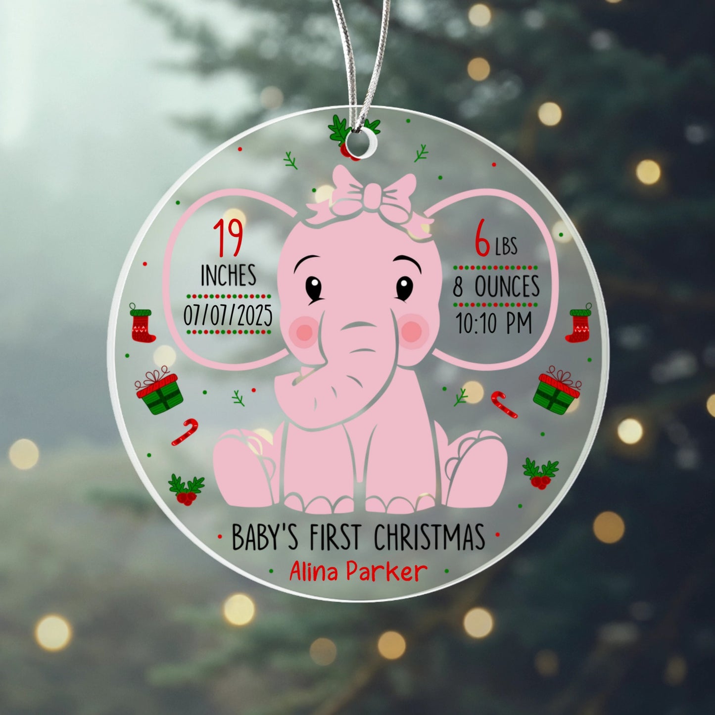 Baby’s First Christmas Ornament 2025 – Personalized Acrylic Ornament with Birth Stats & Name – Pink Elephant Newborn Keepsake Gift