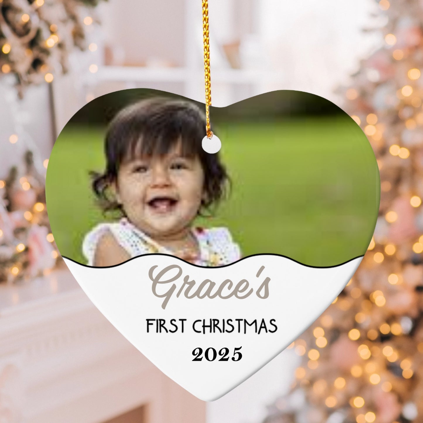 Grace’s First Christmas Ornament 2025 – Personalized Baby Photo Heart Keepsake for New Parents