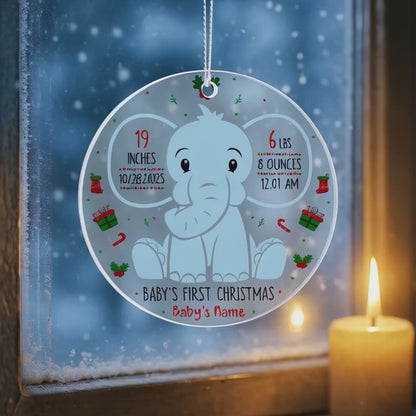 Baby’s First Christmas Ornament 2025 – Personalized Acrylic Ornament with Birth Stats & Name – Blue Elephant Newborn