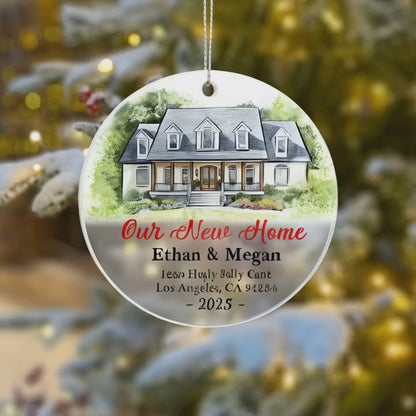 Our New Home Ornament 2025 – Personalized Acrylic Circle Ornament with Photo, Names & Address, Custom New Homeowner Christmas Gift