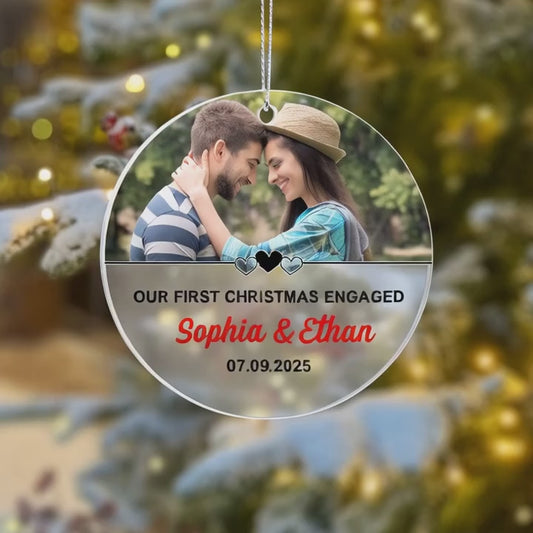 Our First Christmas Engaged Personalized Acrylic Ornament 2025 – Custom Engagement Gift, Romantic Couple Keepsake Ornament
