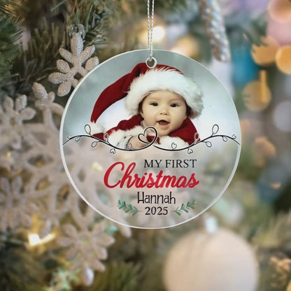 My First Christmas Ornament 2025 – Personalized Acrylic Photo Ornament with Baby Name – Custom Keepsake Gift for Newborn or Parents
