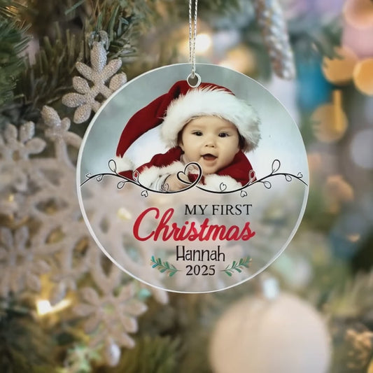 My First Christmas Ornament 2025 – Personalized Acrylic Photo Ornament with Baby Name – Custom Keepsake Gift for Newborn or Parents