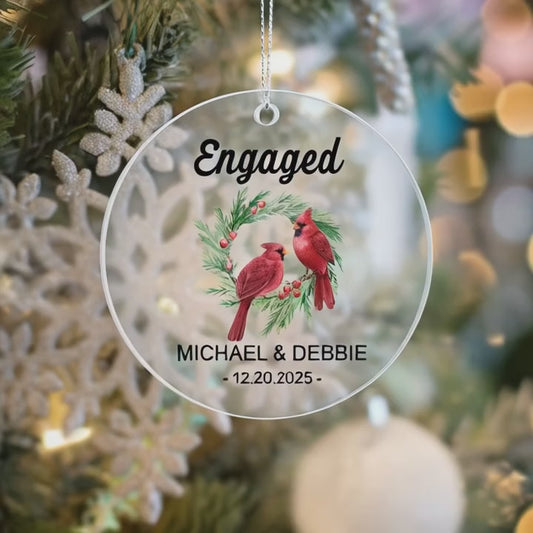 Engaged Personalized Acrylic Ornament 2025 – Custom Couple Ornament with Cardinals, Engagement Gift Keepsake for Couples