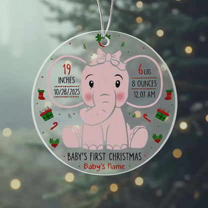 Baby’s First Christmas Ornament 2025 – Personalized Acrylic Ornament with Birth Stats & Name – Pink Elephant Newborn Keepsake Gift