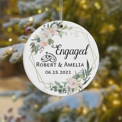 Engaged Personalized Acrylic Ornament 2025 – Custom Engagement Ornament with Floral Design, Romantic Couple Gift Keepsake