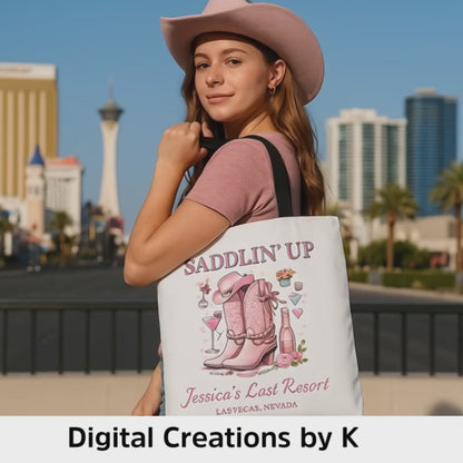 Saddlin’ Up Bachelorette Tote – Custom Bride Name & Party Location Tote Bag