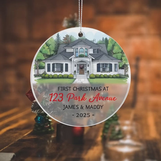 First Christmas at Our New Home Ornament 2025 – Personalized Acrylic House Ornament with Address, Names & Year, Custom New Homeowner Gift