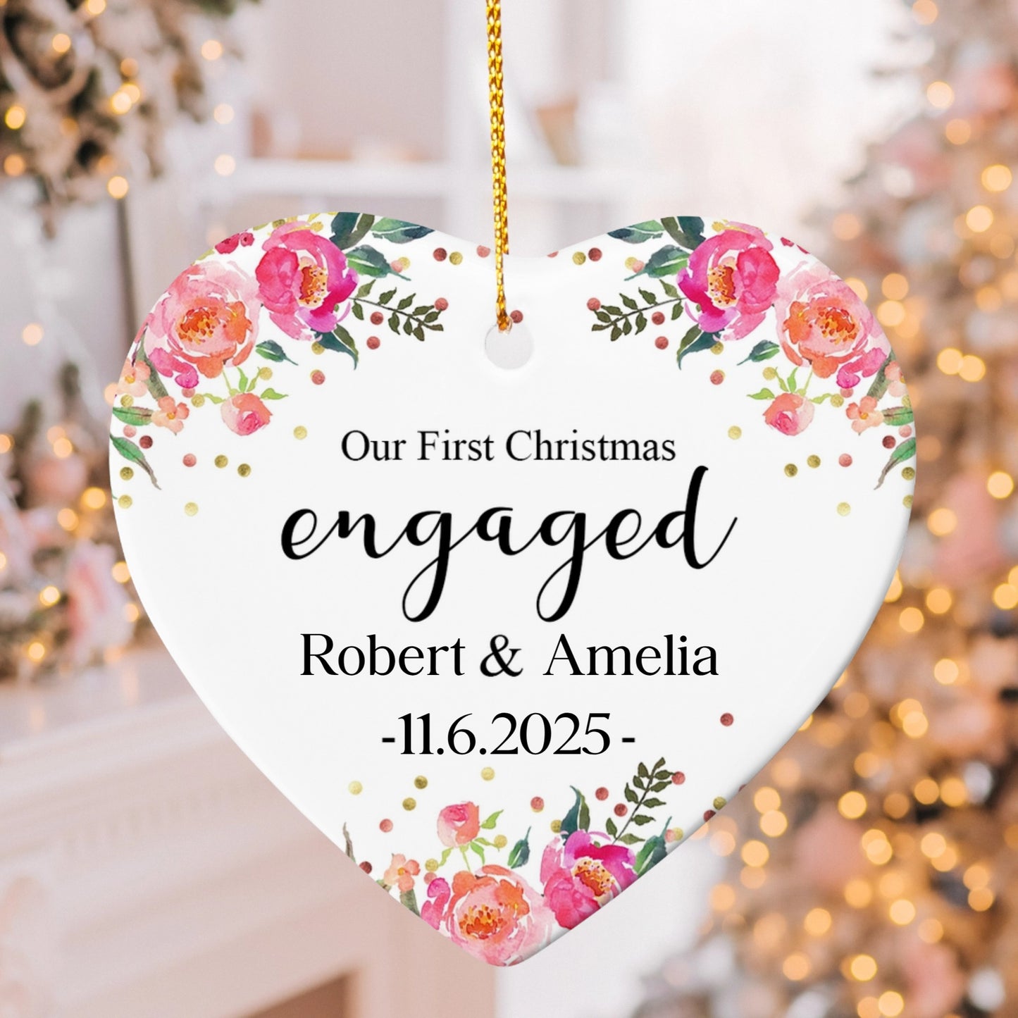 Engaged Christmas Ornament 2025 – Personalized Engagement Ornament with Names and Date, Our First Christmas Heart Keepsake Gift