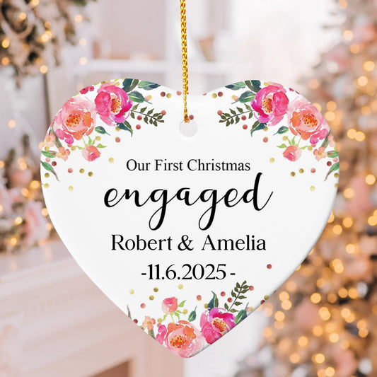 Engaged Christmas Ornament 2025 – Personalized Engagement Ornament with Names and Date, Our First Christmas Heart Keepsake Gift