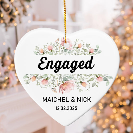 Personalized Engaged Ornament 2025 – Custom Floral Heart Ornament with Couple Names & Date, Romantic Engagement Keepsake Gift